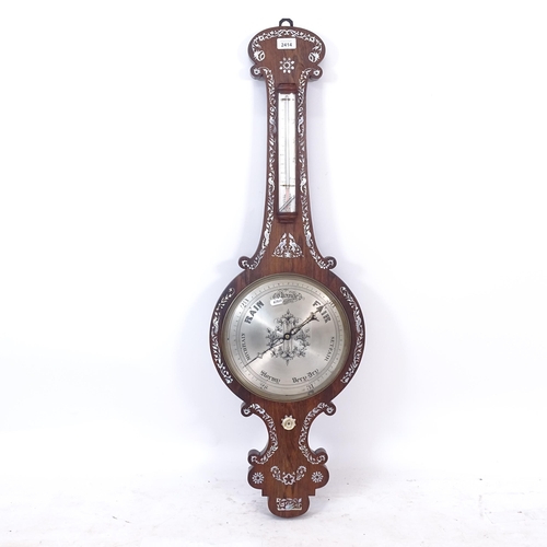 2414 - A 19th century rosewood and mother-of-pearl inlaid wheel barometer (A/F), L100cm