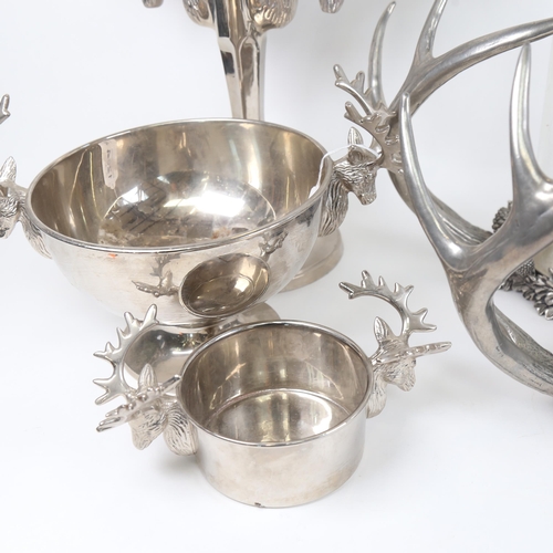 1204 - A group of Kenneth Turner plated candle holders, to include a pair of antler-mounted holders, stag-h... 