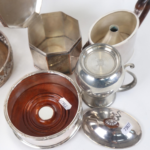 1205 - A group of silver plated items, to include silver plate on copper tea caddy, wine coasters etc