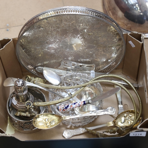 1214 - 2 cased serving sets, a pair of silver plated and gilded berry spoons, bottle stands etc (boxful)