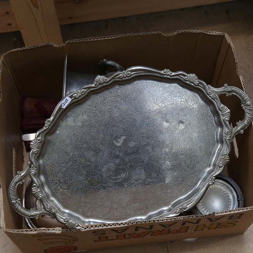 1216 - A plated Champagne bucket, serving tray, muffin dish, cased cutlery etc (boxful)