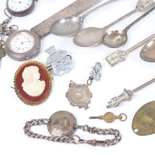 1228 - A box containing a silver Vesta case, silver fob watches, filigree brooch etc