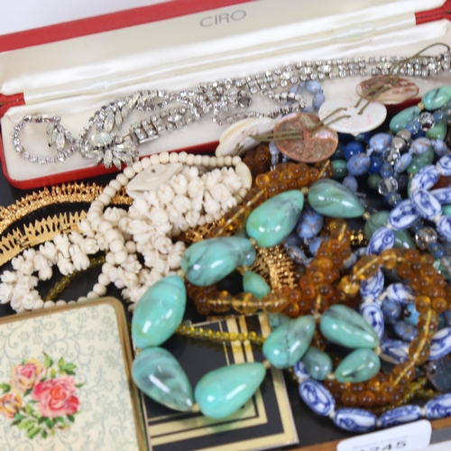 1245 - A tray of Vintage and other costume jewellery, compacts etc