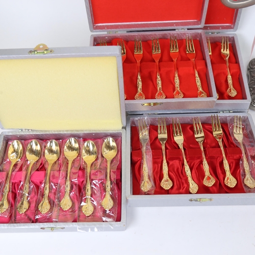 1264 - 6 cased sets of 24ct gold plated forks and spoons, and a plated 2-branch candelabra