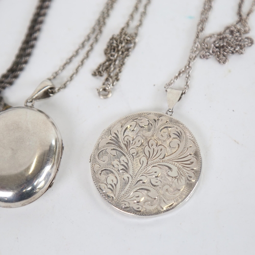 1293 - 5 various silver oval lockets and chains, some with engraved decoration