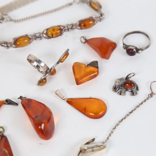 1317 - An amber and silver panel bracelet, 3 rings, and pendants etc