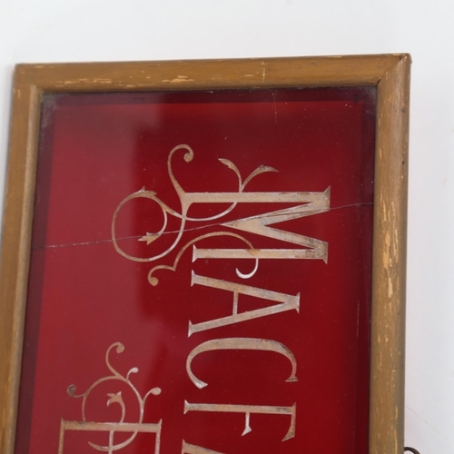 1020 - A framed engraved ruby glass sign, advertising Macfarlane, Lang & Co's Biscuits, length 49cm overall