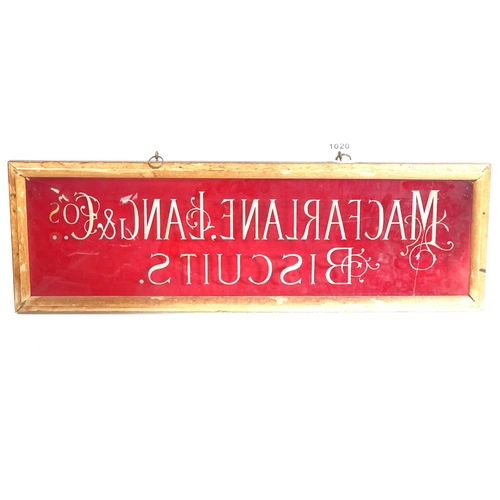 1020 - A framed engraved ruby glass sign, advertising Macfarlane, Lang & Co's Biscuits, length 49cm overall