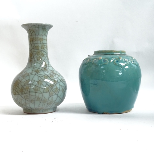 208 - Oriental ceramic ginger jars, pair of blue and white brush washers, crackle glaze vase and a majolic... 