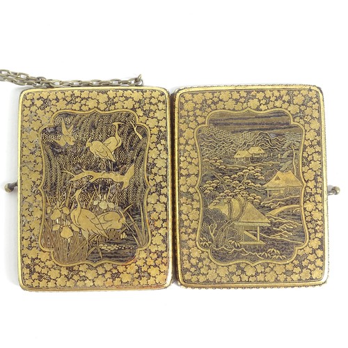 777 - A Japanese iron Komai lady's cigarette case, with allover detailed village and bird decoration, 9.5c... 