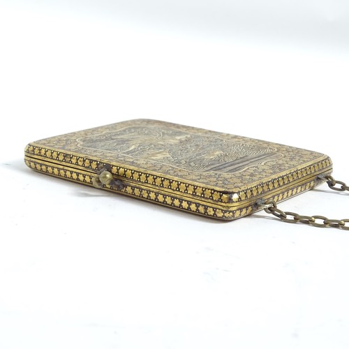 777 - A Japanese iron Komai lady's cigarette case, with allover detailed village and bird decoration, 9.5c... 