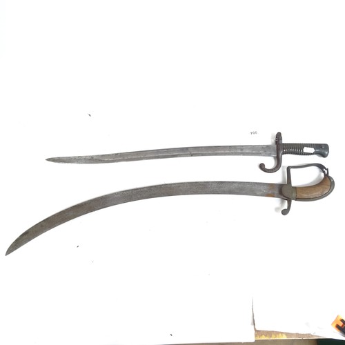 904 - A French 1871 pattern sword bayonet and scabbard, and a Middle Eastern tulwar sword and scabbard (2)