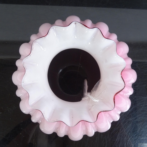 458 - 2 Antique pink and white milk glass lamp shades, 14cm across