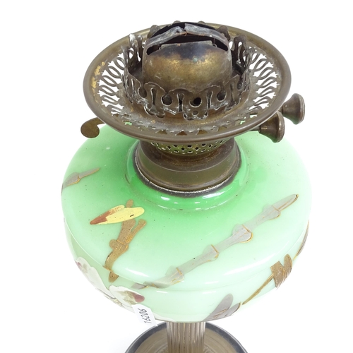 574 - A Victorian brass oil lamp, with painted glass font and etched shade, height 72cm, silver plated lam... 