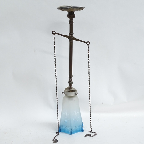 574 - A Victorian brass oil lamp, with painted glass font and etched shade, height 72cm, silver plated lam... 