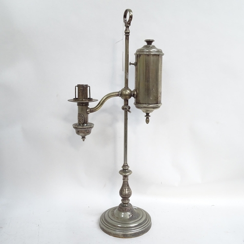 574 - A Victorian brass oil lamp, with painted glass font and etched shade, height 72cm, silver plated lam... 