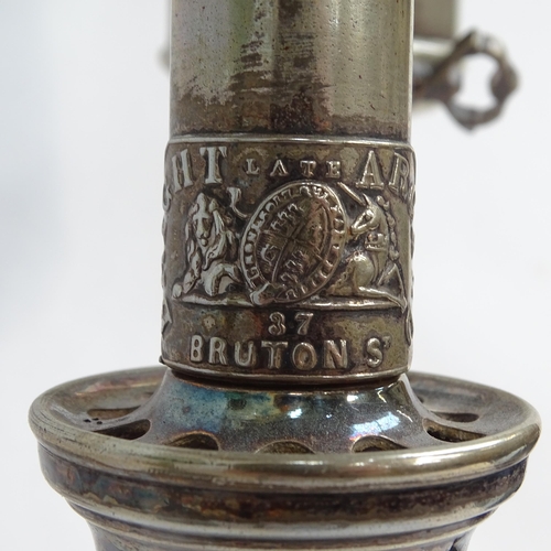 574 - A Victorian brass oil lamp, with painted glass font and etched shade, height 72cm, silver plated lam... 