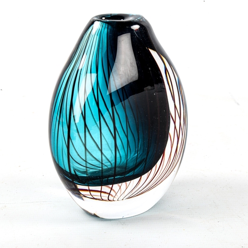 1581 - VICKE LINDSTRAND for Kosta, a 1959 Assymetrical vase, sea blue sommerso with red threads, signed to ... 