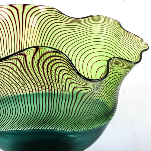 1583 - BOB CROOKS, Longitudinal bowl, Incalmo glass with scalloped rim, signed and dated 2003, height 26.5c... 