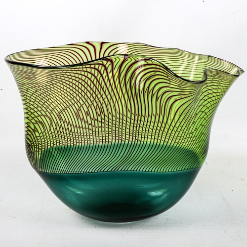 1583 - BOB CROOKS, Longitudinal bowl, Incalmo glass with scalloped rim, signed and dated 2003, height 26.5c... 