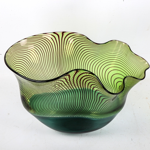 1583 - BOB CROOKS, Longitudinal bowl, Incalmo glass with scalloped rim, signed and dated 2003, height 26.5c... 