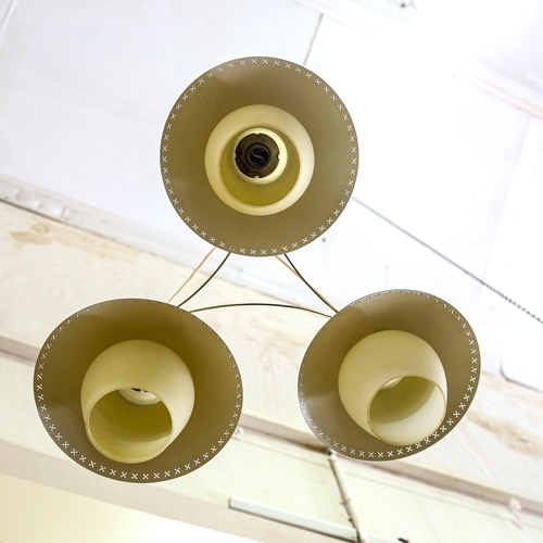 1584 - FOG & MORUP, Denmark, a 1940s' three branch ceiling light with pierced metal and glass shades