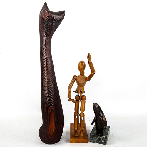 1588 - A tall mid-century cat sculpture in wood, signed to base Gerd Canada, an artist's lay figure, and a ... 