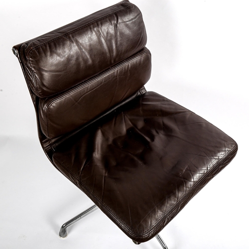 1591 - CHARLES EAMES for Herman Miller, EA 214 Soft Pad chair in brown leather, first edition on 4-star bas... 