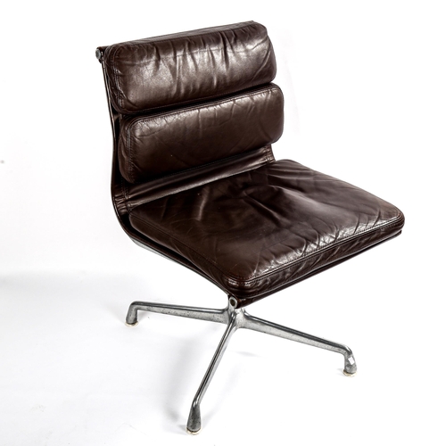 1592 - CHARLES EAMES for Herman Miller, EA 214 Soft Pad chair in brown leather, first edition on 4-star bas... 