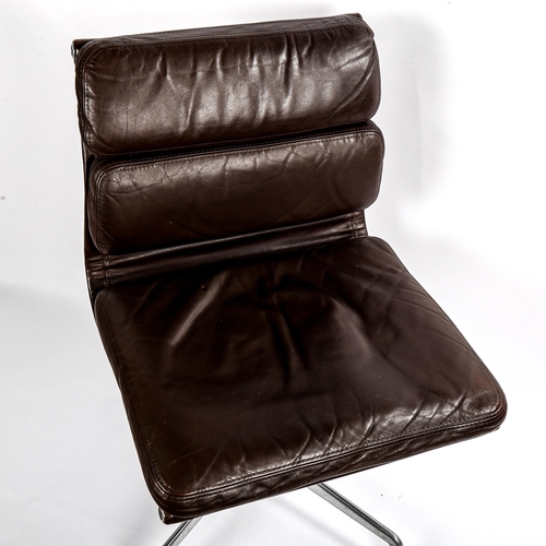 1592 - CHARLES EAMES for Herman Miller, EA 214 Soft Pad chair in brown leather, first edition on 4-star bas... 