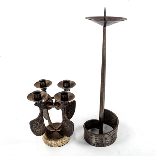 1613 - A 1970s brutalist candelabra with marble base, and a similar iron pricket candlestick, tallest 35cm