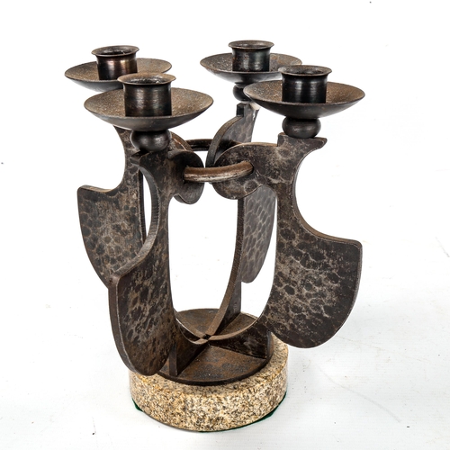 1613 - A 1970s brutalist candelabra with marble base, and a similar iron pricket candlestick, tallest 35cm