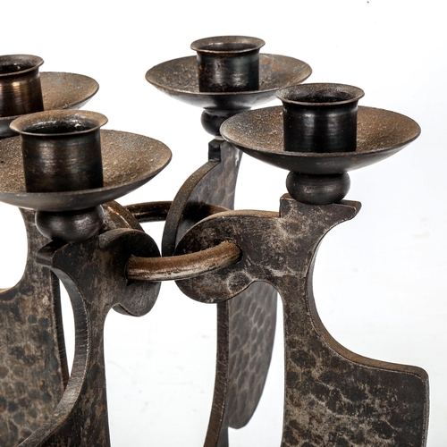 1613 - A 1970s brutalist candelabra with marble base, and a similar iron pricket candlestick, tallest 35cm