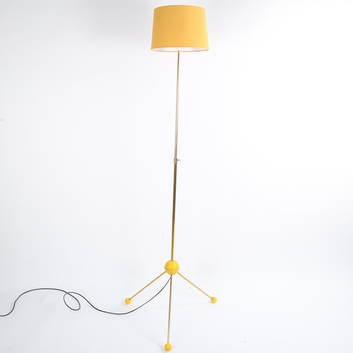 1615 - A mid-century tripod floor lamp, gilt stem on ball feet, adjustable height fully extended 170cm