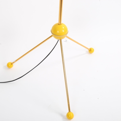 1615 - A mid-century tripod floor lamp, gilt stem on ball feet, adjustable height fully extended 170cm