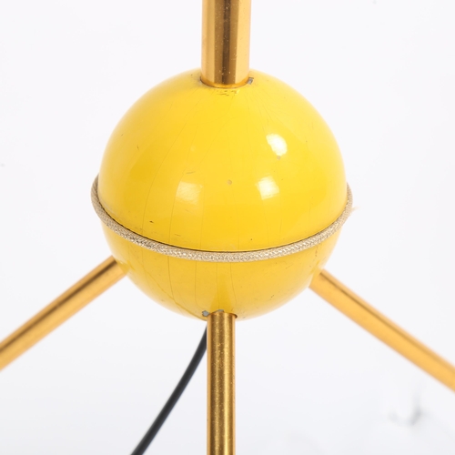 1615 - A mid-century tripod floor lamp, gilt stem on ball feet, adjustable height fully extended 170cm