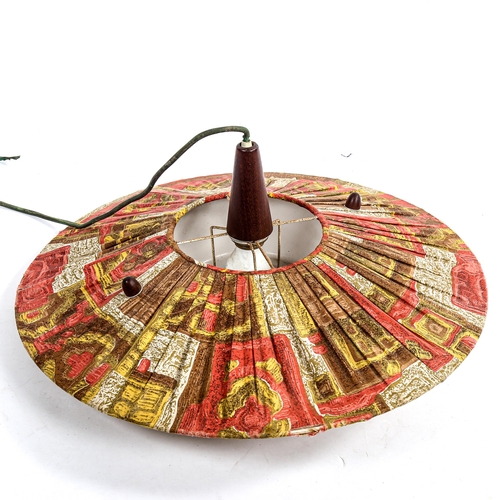 1632 - A 1960s' TEMDE LEUCHTEN E27 teak and acrylic pendant light with fabric shade and rise and fall mecha... 