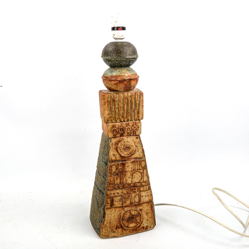 1640 - BERNARD ROOKE, a Brutalist studio pottery table lamp,  impressed makers stamp, height 46cm.