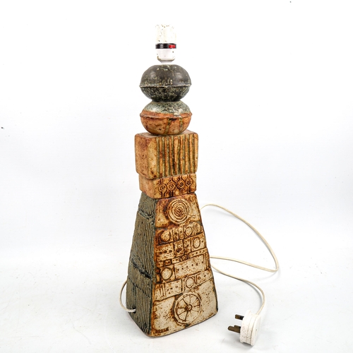 1640 - BERNARD ROOKE, a Brutalist studio pottery table lamp,  impressed makers stamp, height 46cm.