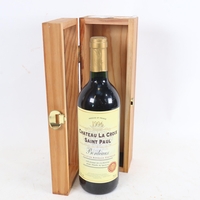 A boxed bottle of 1996 Chateau La Croix St Paul Bordeaux