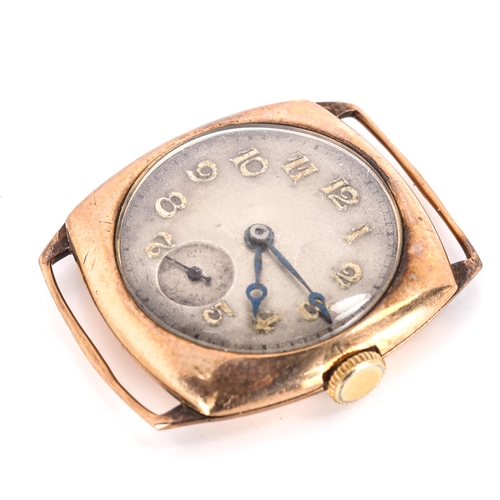 32 - An Art Deco 9ct rose gold cushion-cased mechanical wristwatch head, silvered dial with applied gilt ... 