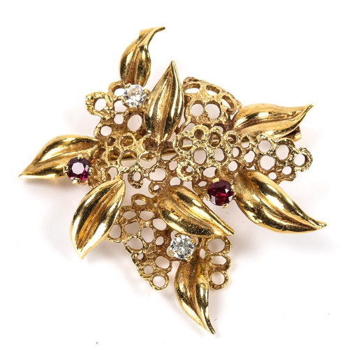 101 - A late 20th century 18ct gold garnet and diamond honeycomb brooch, openwork leaf settings with round... 