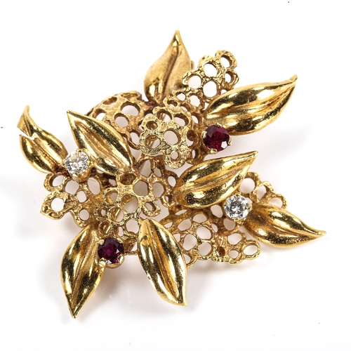 101 - A late 20th century 18ct gold garnet and diamond honeycomb brooch, openwork leaf settings with round... 