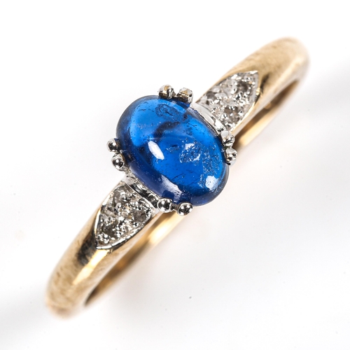 105 - A modern 9ct gold cabochon blue stone diamond ring, blue stone length 6.65mm, size P, 2g