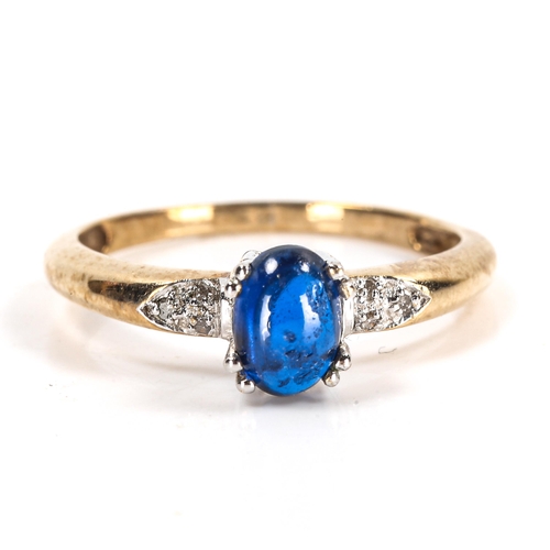 105 - A modern 9ct gold cabochon blue stone diamond ring, blue stone length 6.65mm, size P, 2g