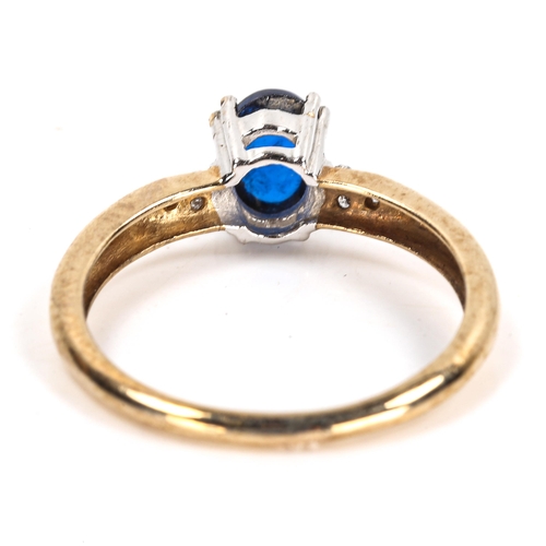 105 - A modern 9ct gold cabochon blue stone diamond ring, blue stone length 6.65mm, size P, 2g