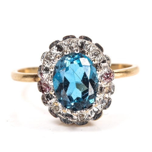 106 - A modern blue topaz and diamond cluster ring, unmarked gold settings with oval mixed-cut topaz and s... 