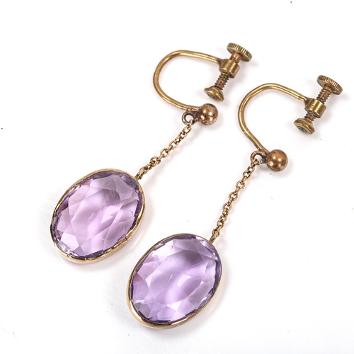 107 - A pair of amethyst drop earrings, gilt-metal settings with oval mixed-cut amethysts, amethysts measu... 