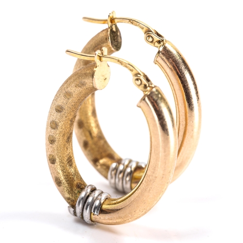 110 - A pair of 9ct gold hoop earrings, textured and polished 2-colour gold settings, earring height 27mm,... 