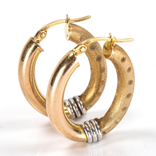 110 - A pair of 9ct gold hoop earrings, textured and polished 2-colour gold settings, earring height 27mm,... 